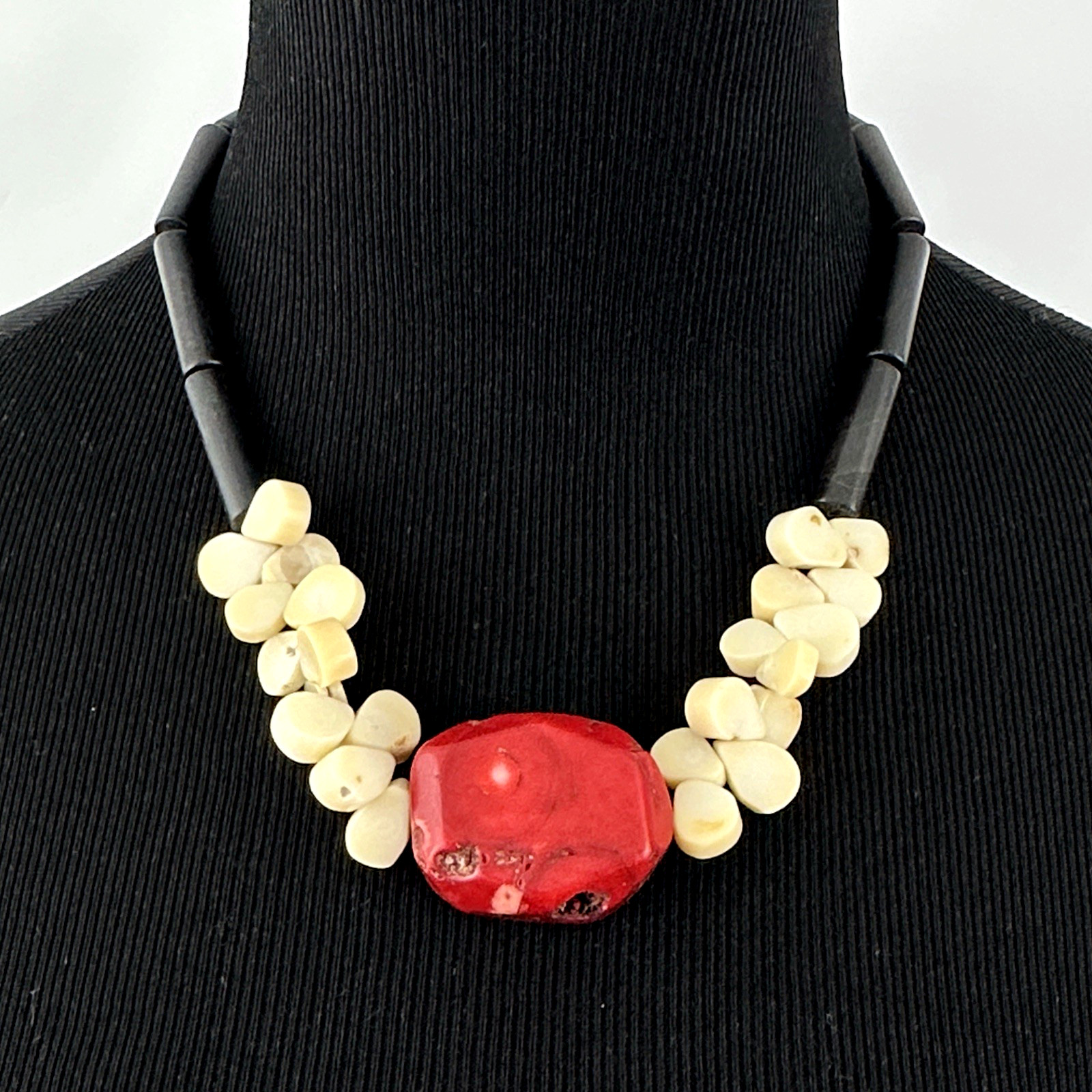 CHUNKY statement necklace – red coral shell & stone beads sterling toggle clasp