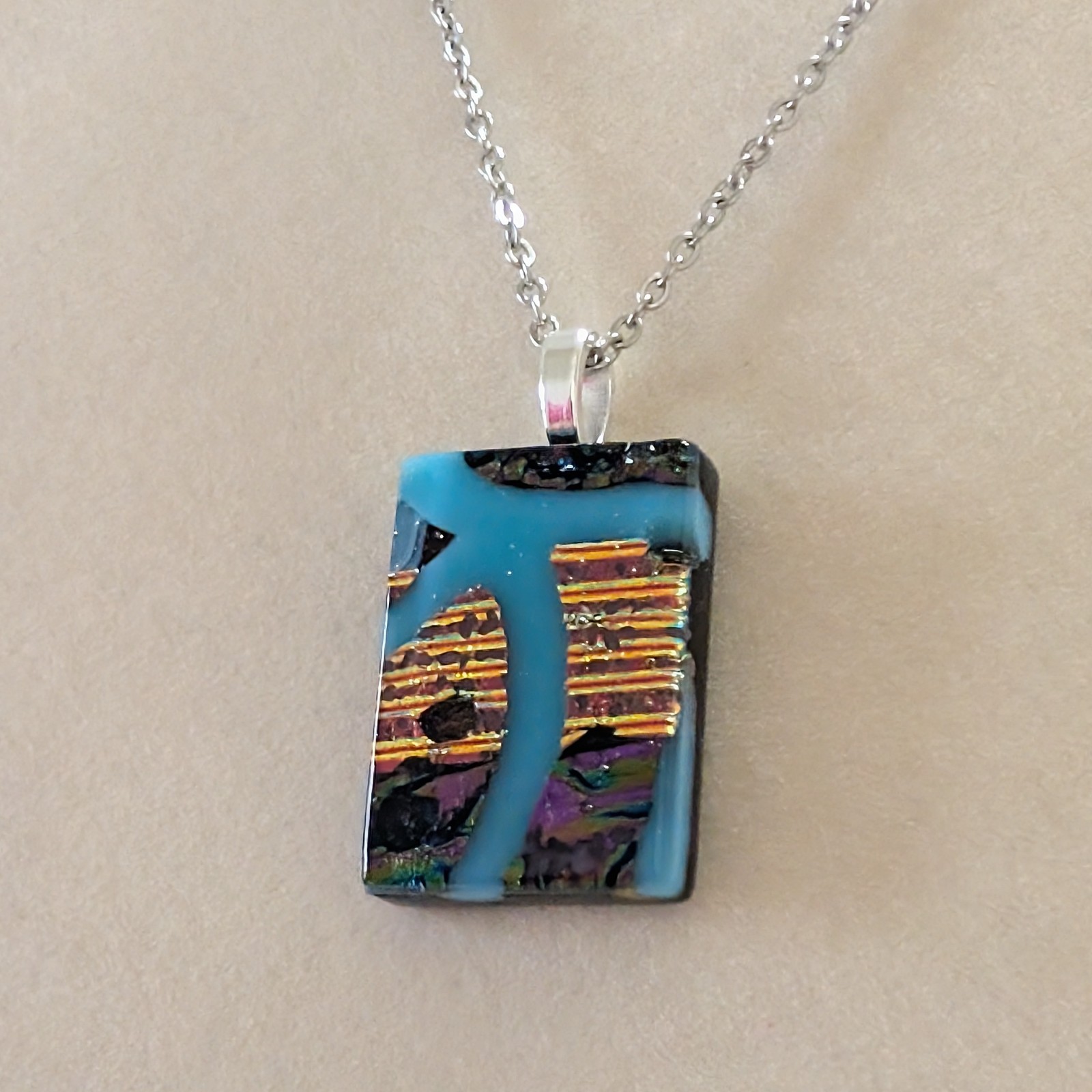 Large Hand Crafted Dichroic Fused Glass Pendant Necklace W/ Chain #1374