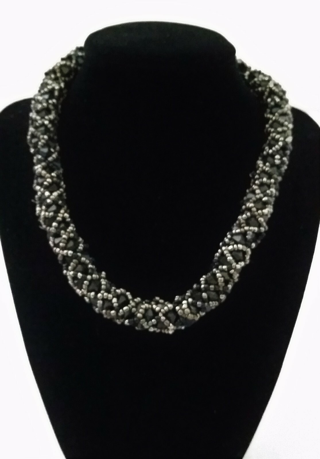 Handmade Necklace GLASS BEADS BLACK PEWTER Tone Bohemian Choker 18 inch Adjust