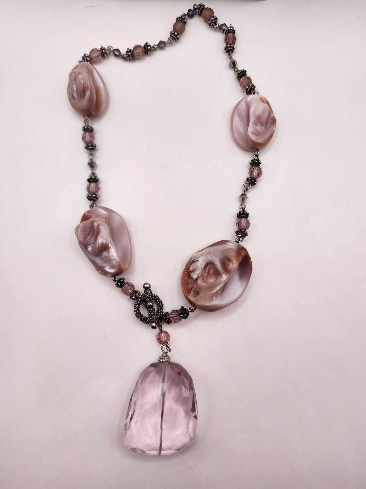 Vintage Artisan Crafted Large MOP Shell With Pink Fauceted Crystal Pendant