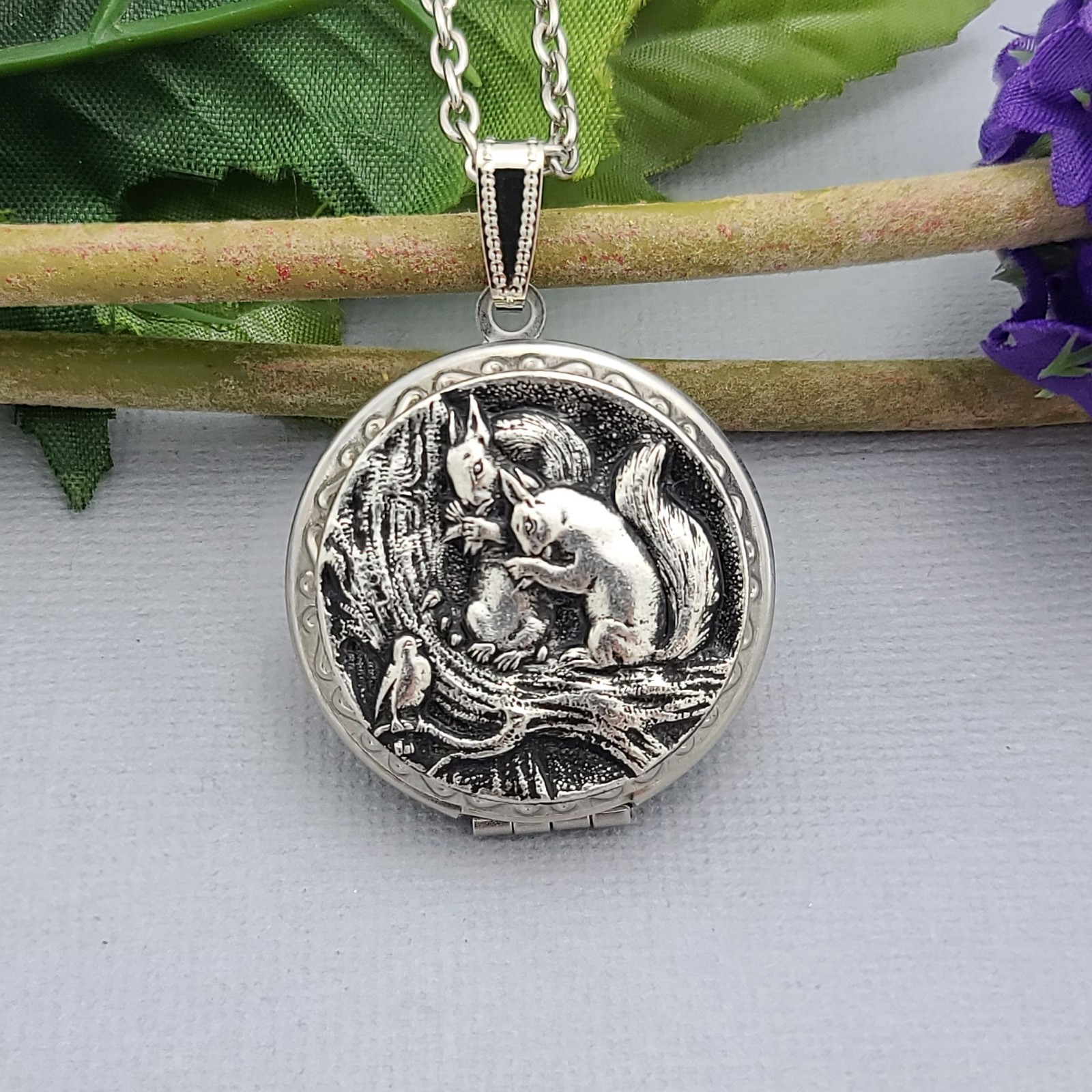 Handcrafted Squirrel Family Locket Necklace with Woodland Design.