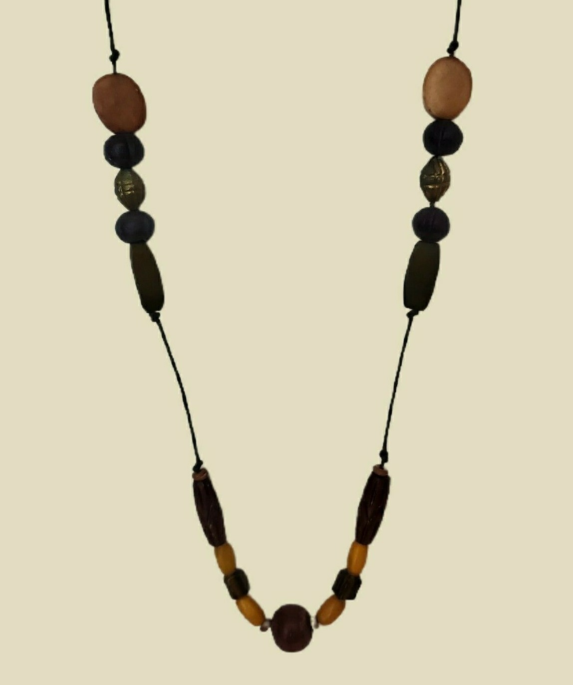 Carved Wooden Bead Necklace Tribal Beautiful Round Cylinder Square Beads 30″