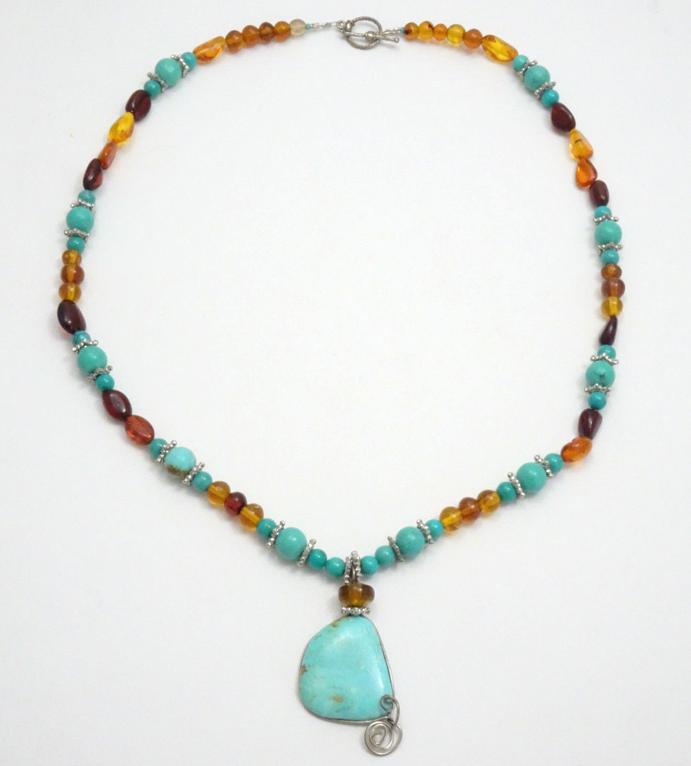 Beaded Turquoise & Amber Gemstone w/ Turquoise Pendant Statement Necklace