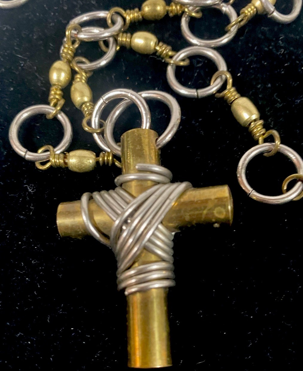 Handcrafted Mixed Metal Brutalist Style Necklace Wire Wrapped Cross Pendant 34”
