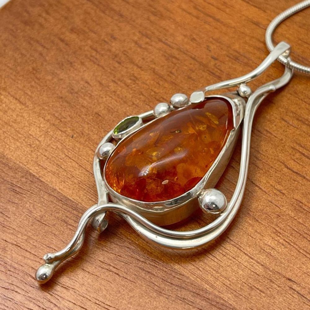 Huge Pear Shape Amber Pendant Necklace with Peridot Silver One of Kind Jewelry
