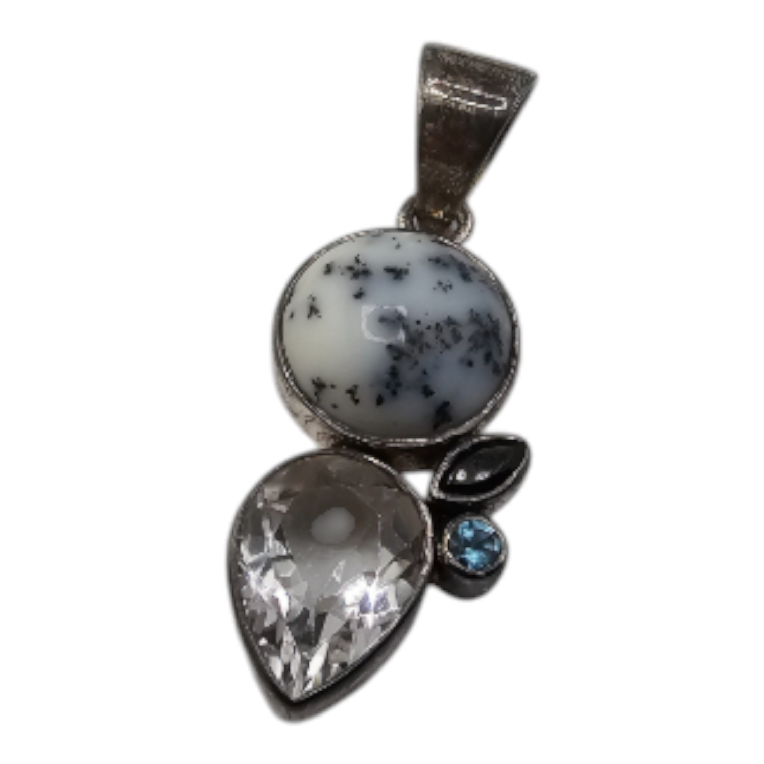 Unique SJ 925 Sterling Silver Dendritic Agate & Multi Gemstone Cluster Pendant