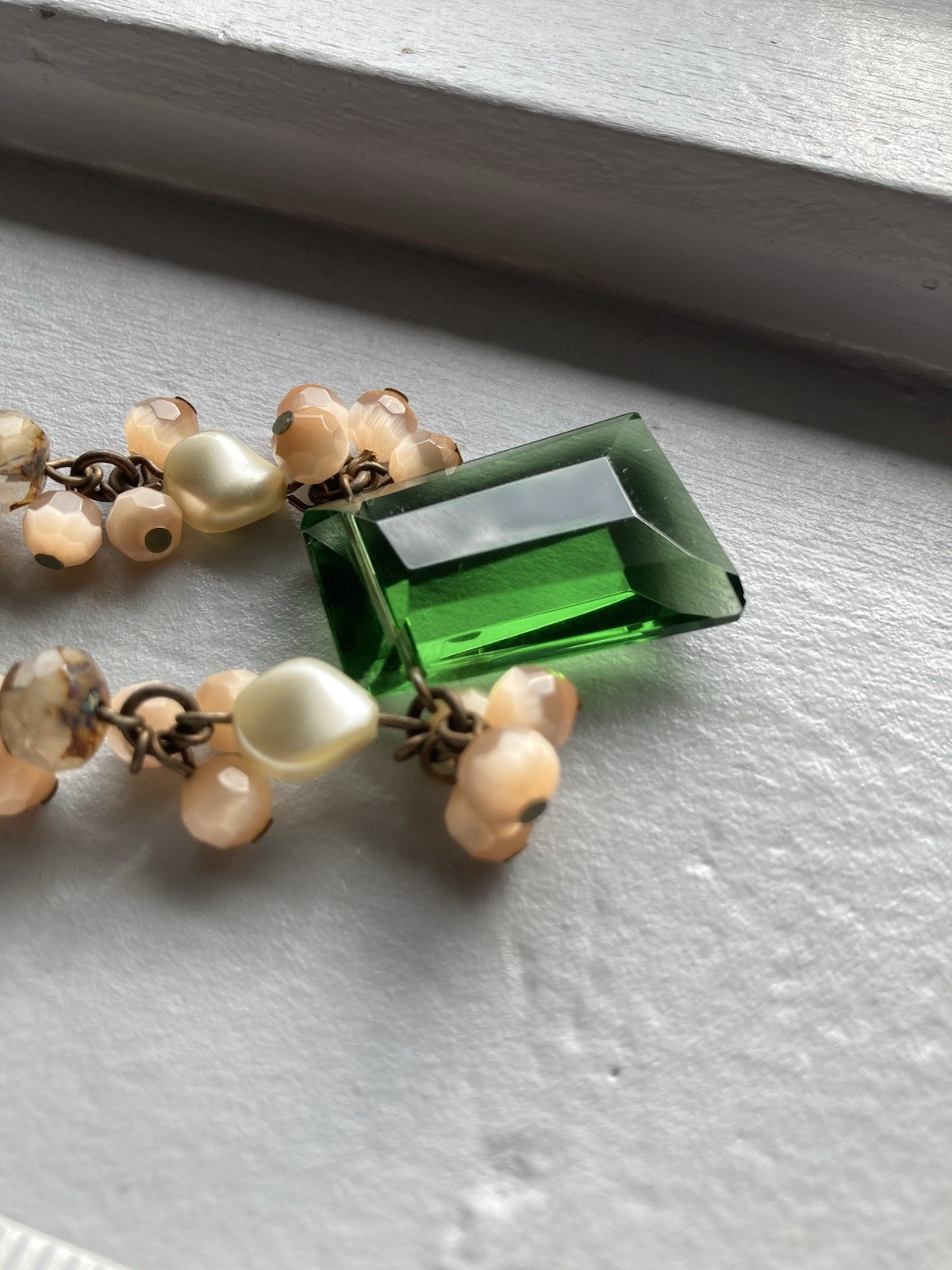 Rare. Vintage Artisan Cats-Eye Glass, Big Emerald Green Pendant, Brass Necklace.