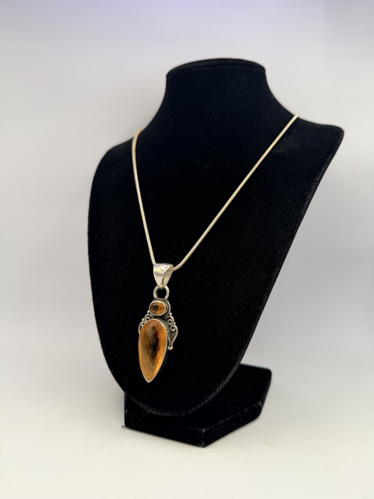 Artisan 925 Sterling Silver Orange Faceted Pendant Necklace 20” Chain TL