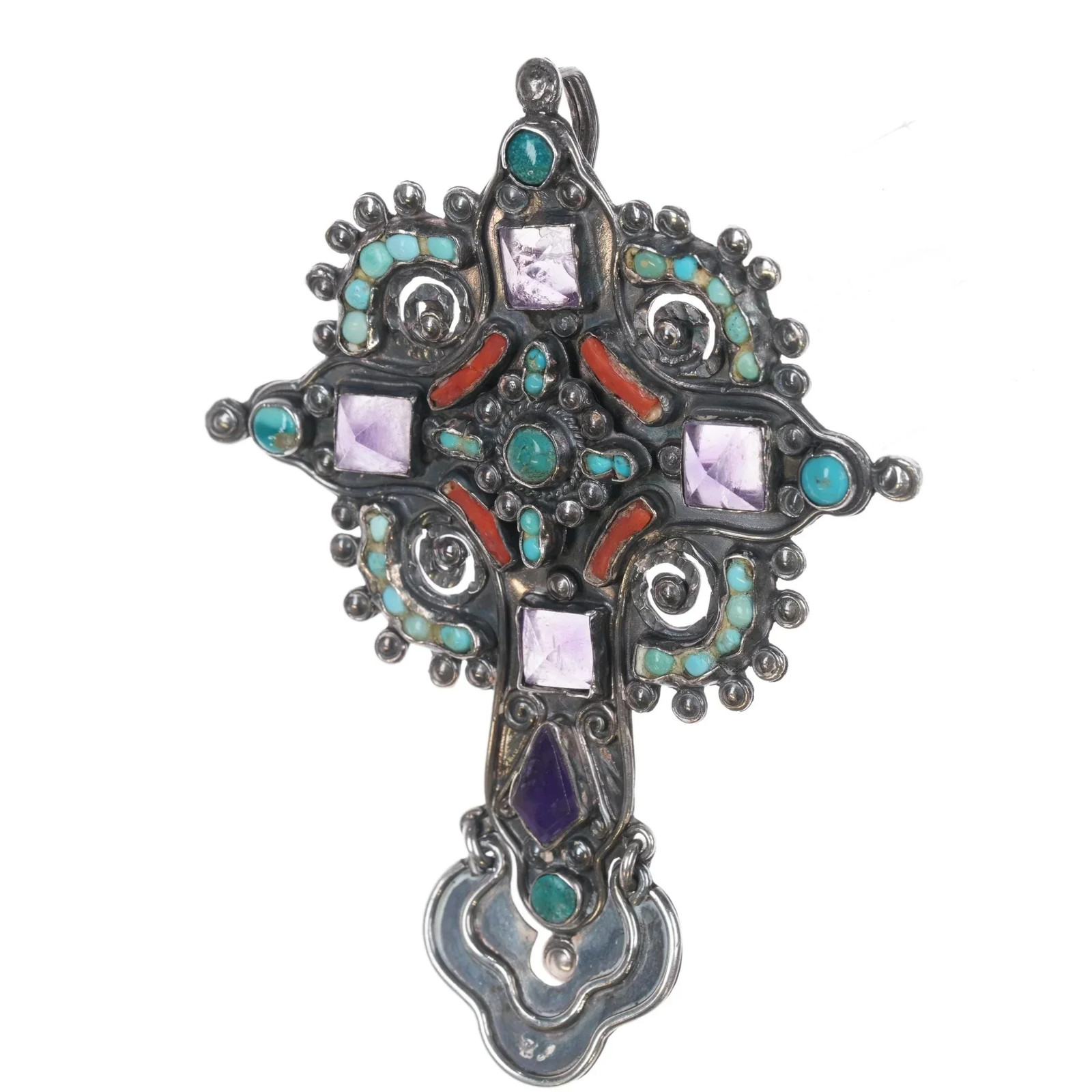 c1940’s Matl Cross pendant Sterling Turquoise Amethyst and coral