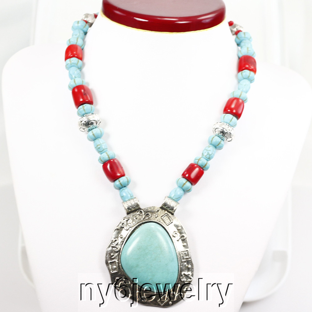 Blue Magnesite Turquoise Large Pendant & Red Coral Silver Clasp Necklace 22″