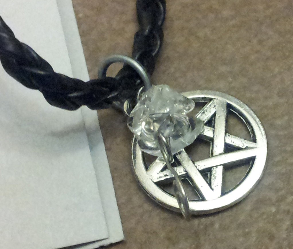Pentacle and crystal necklace, Amulet PENTAGRAM Wicca Pagan Druid Gothic w/ info