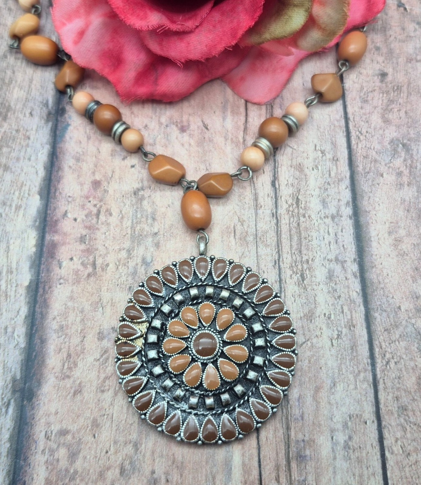 Artisan Boho Silver Tone & Brown Bead Round Pendant Necklace 18″