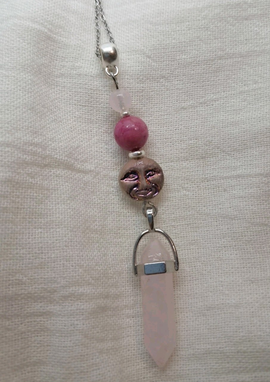 ROSE QUARTZ DT Crystal Point & Pink CRAZY LACE AGATE Beads Glass Moon Pendant