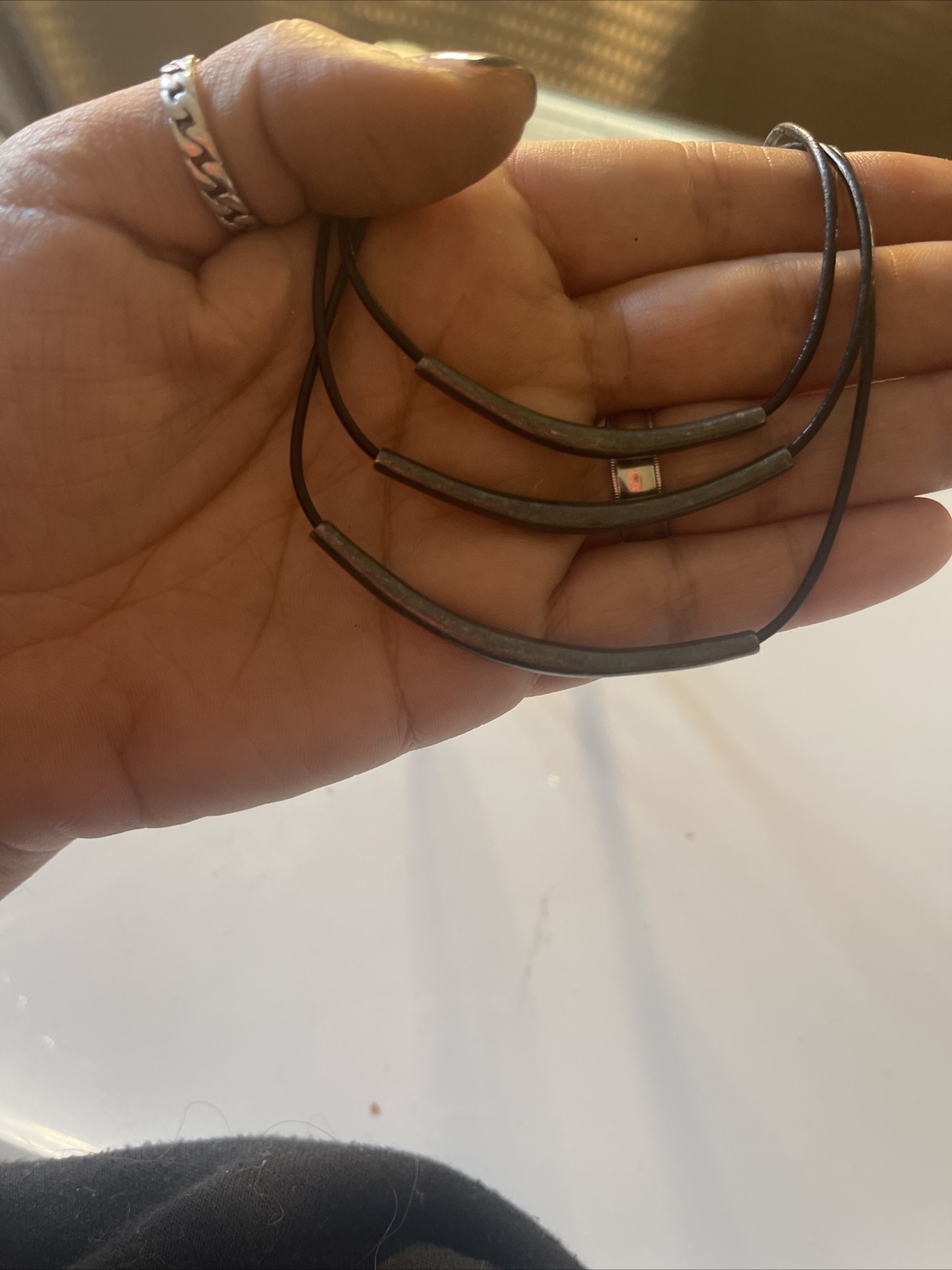 Vintage Silpada Black Leather Sterling Silver Tubes Necklace 3 Strands 16-18″