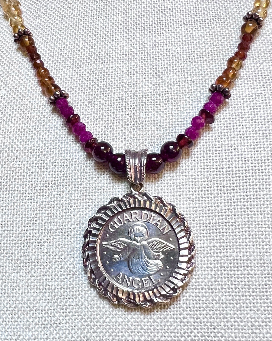 WONDERFUL Sterling Silver Gemstone & .999 Silver Guardian Angel Chakra Necklace