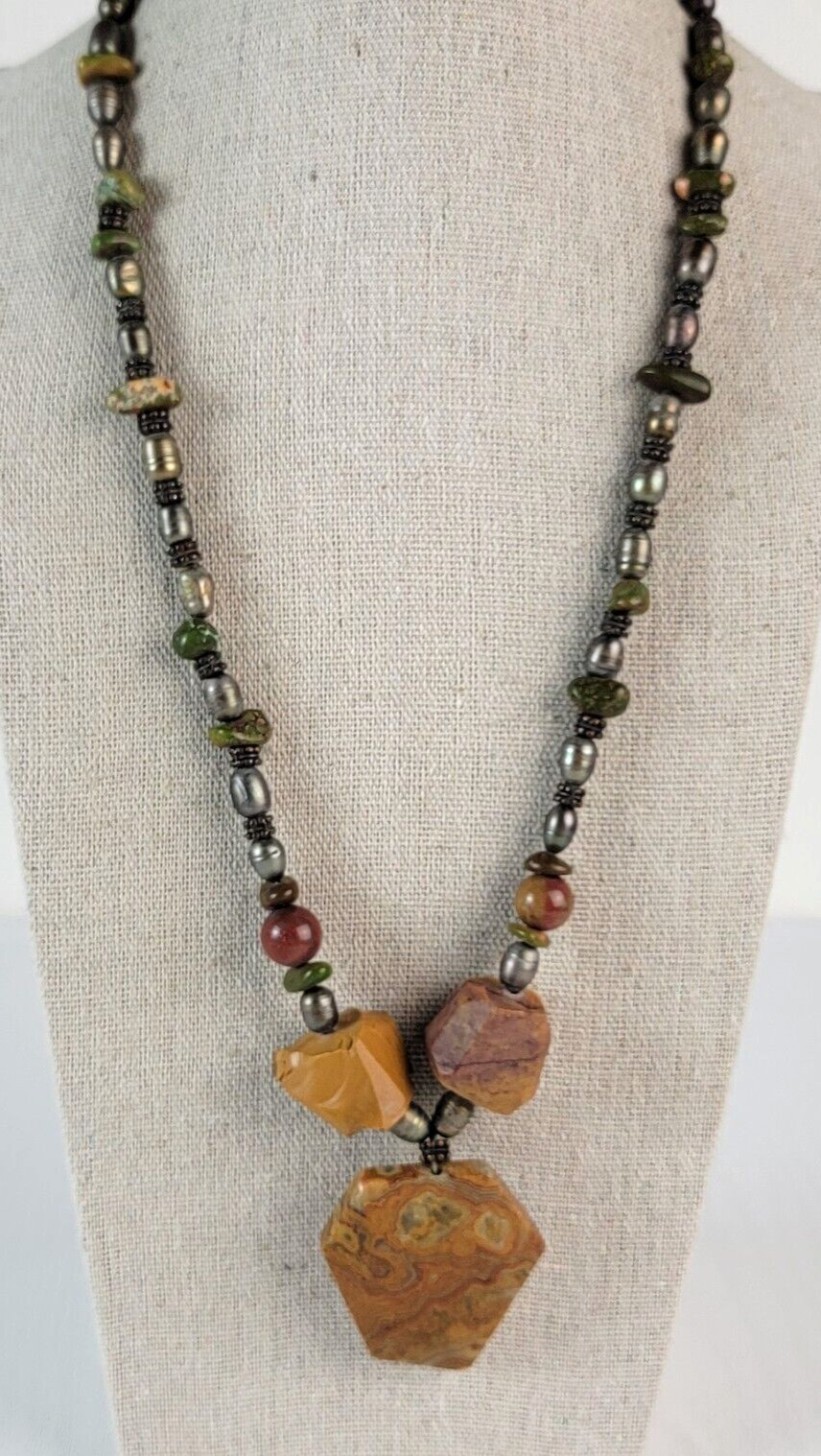 Vintage Artisan Jasper Gemstone And Freshwater Pearl Statement Necklace 21.5