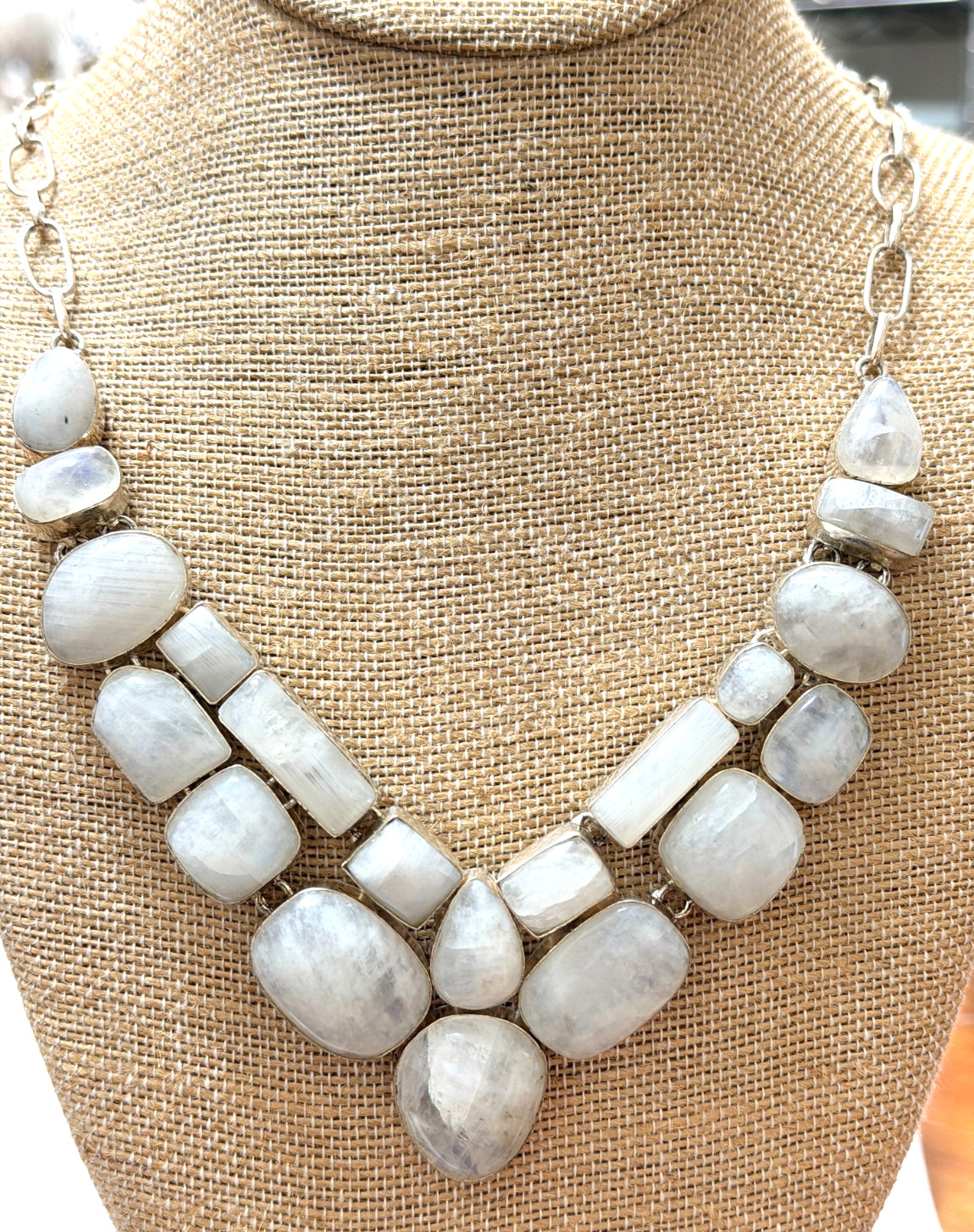 925 Sterling Silver Rainbow Moonstone Cluster Bib Necklace Boho Statement