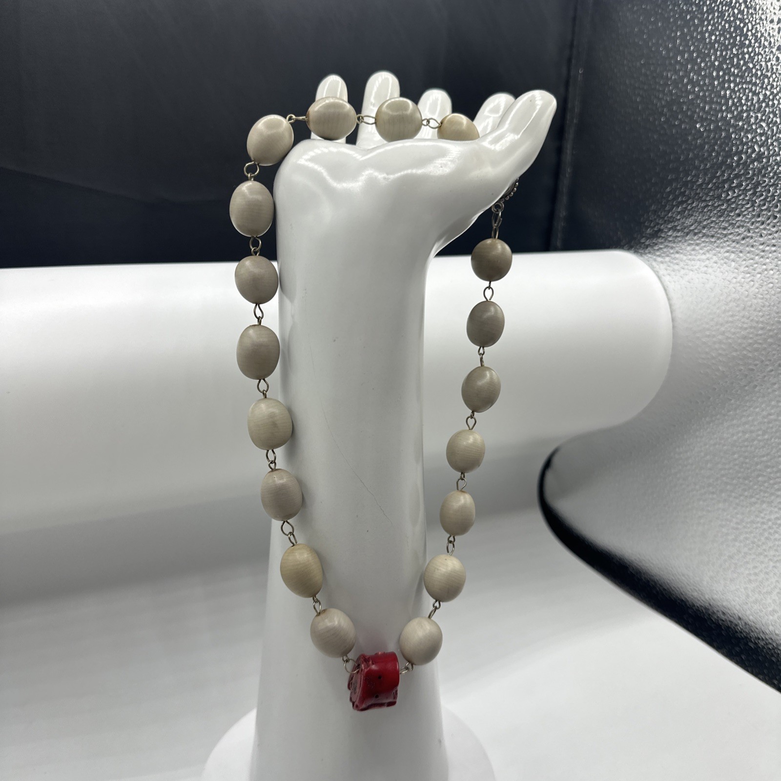 One of kind Tagua Vegetable Ivory and Red Coral Necklace. See pics.