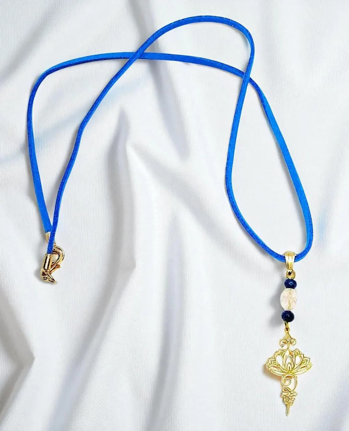 Gold Lotus Flower Gemstone Pendant Purple Suede Necklace, Meditation Jewelry
