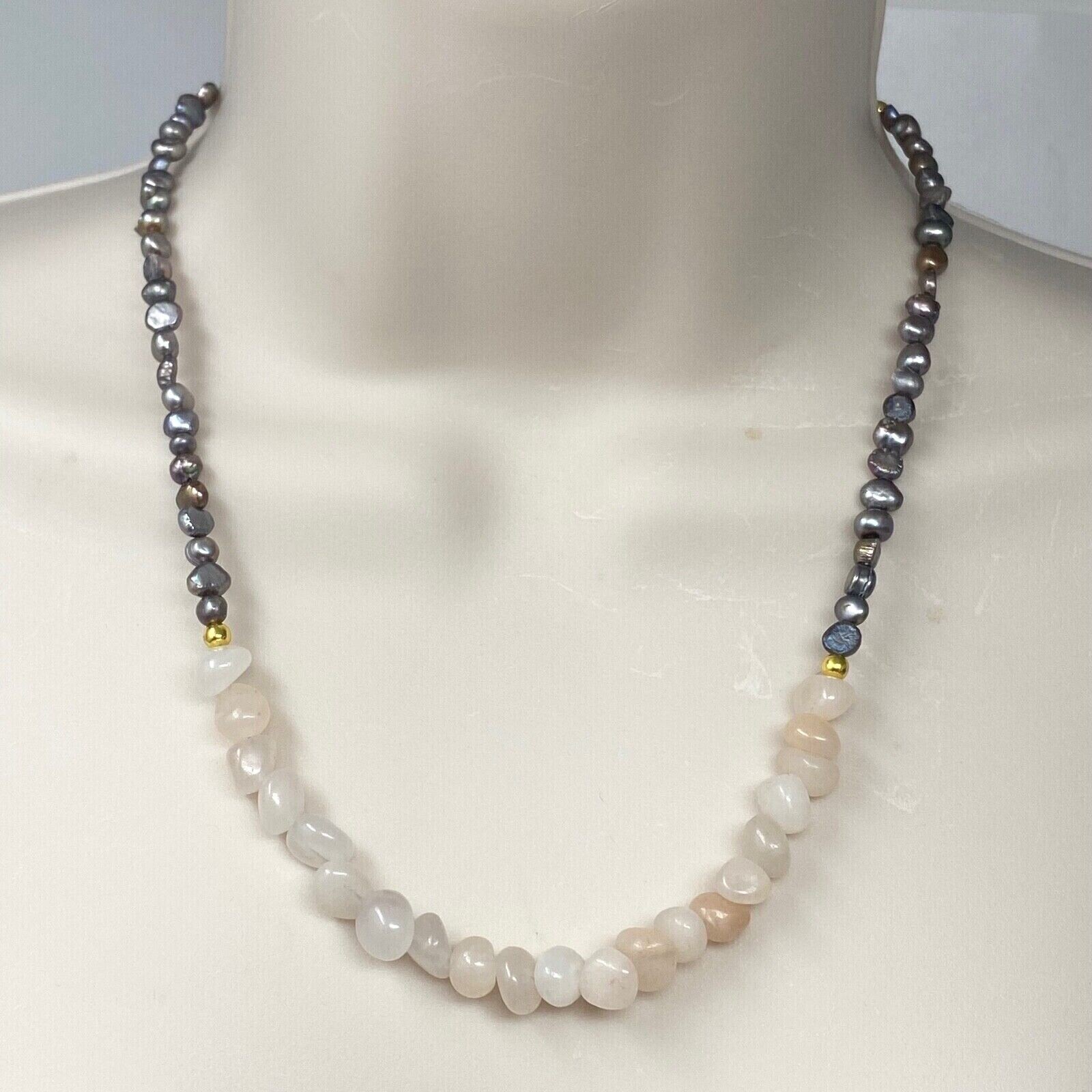 Handmade Necklace Pink Gray Quartz Stone Beads with Irregular Freshwater Pearls
