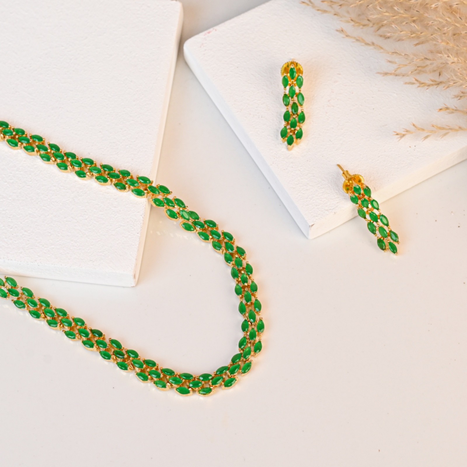 Green Gemstone Gold Plated Zambian Green Link Necklace Emerald Statement Jewelry