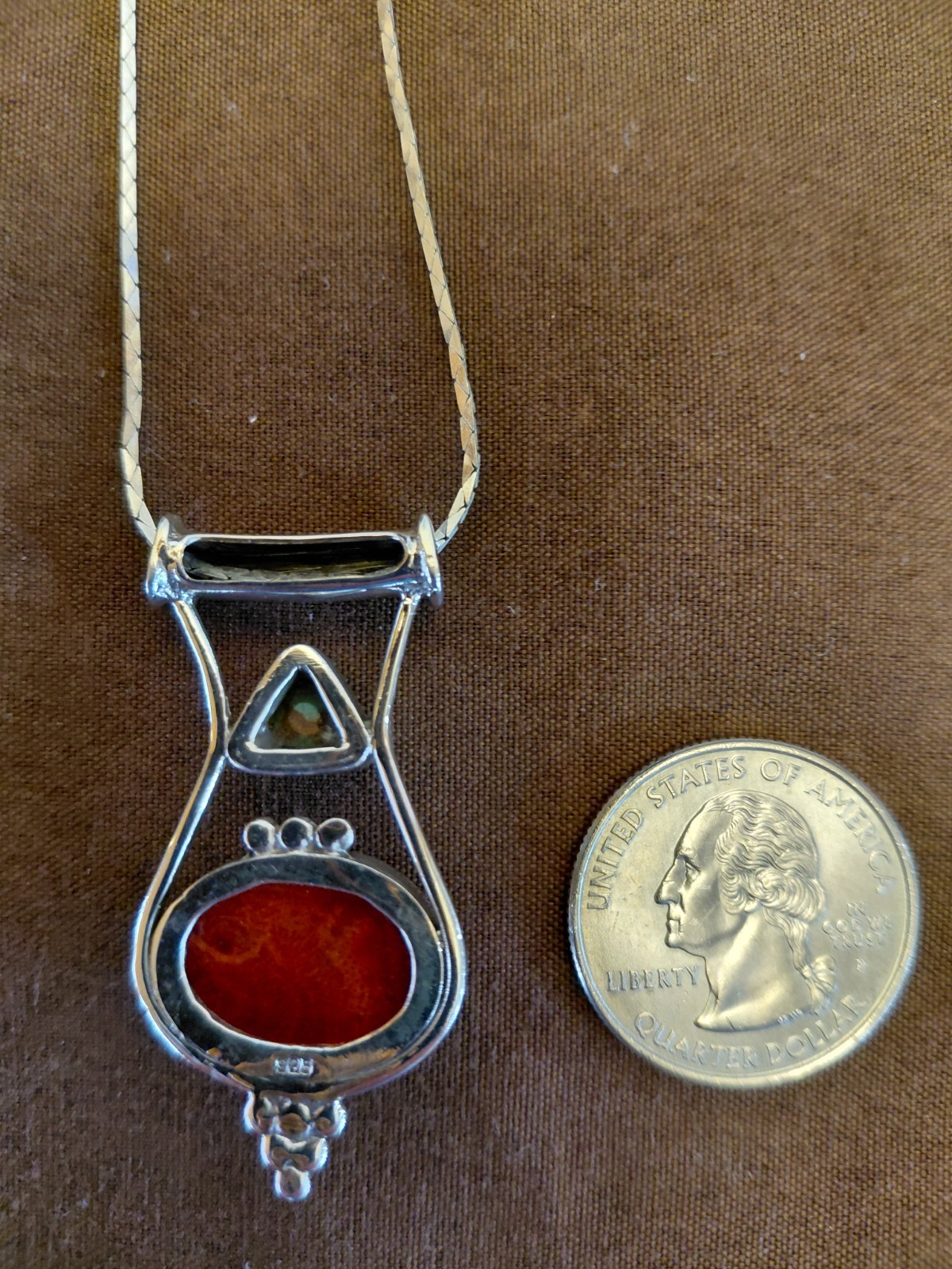 Sterling Silver Turquoise/Red Coral Necklace Pendant, Native American Theme, Ex