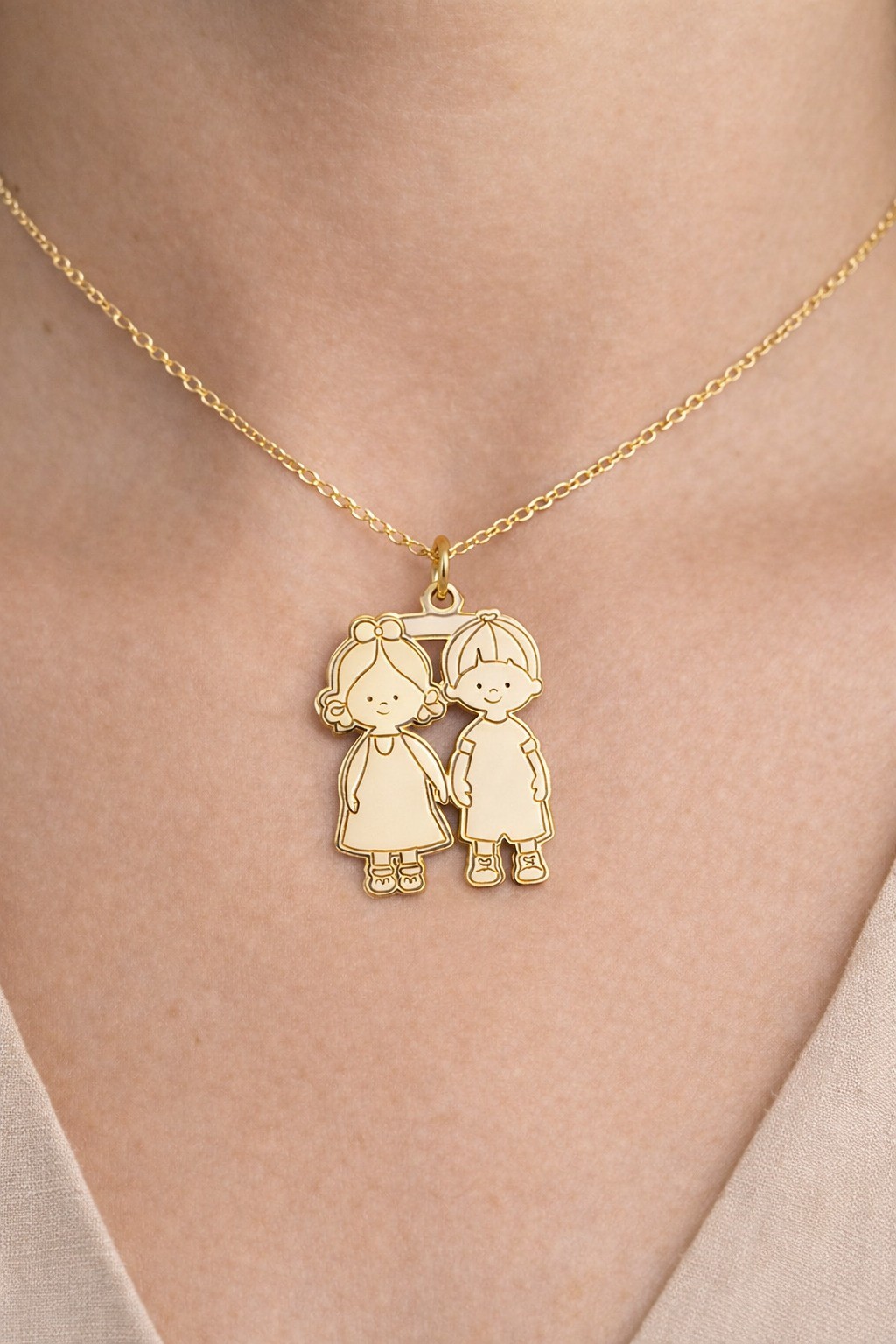 14k SOLID Gold Children Pendant, Brother & Sister Charm, Custom Text Necklace
