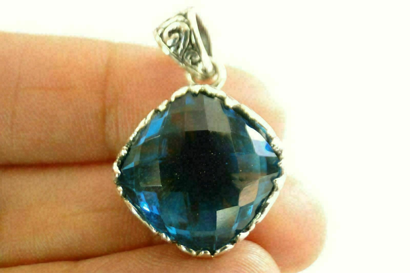 Ornate London Blue Topaz Solitaire Double Sided 925 Sterling Silver Pendant