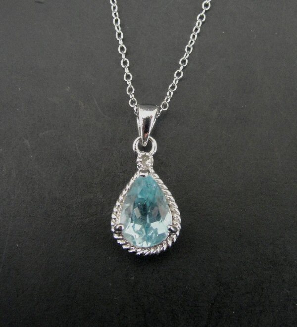 DBJ Blue Teardrop Stone Cubic Zirconia Sterling Silver Dainty Pendant NECKLACE