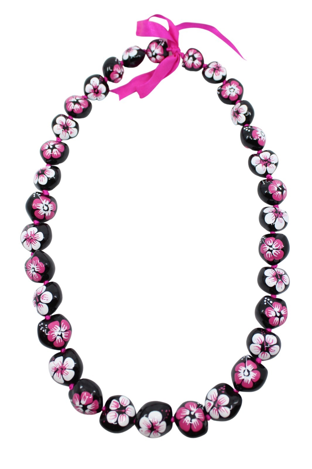 Kukui Nut Lei Hawaiian Style Necklace – Natural, Hand Painted Hibiscus Flowers