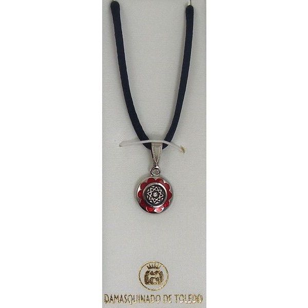 Damascene Silver & Enamel Red Star Round Pendant Necklace Midas of Toledo Spain