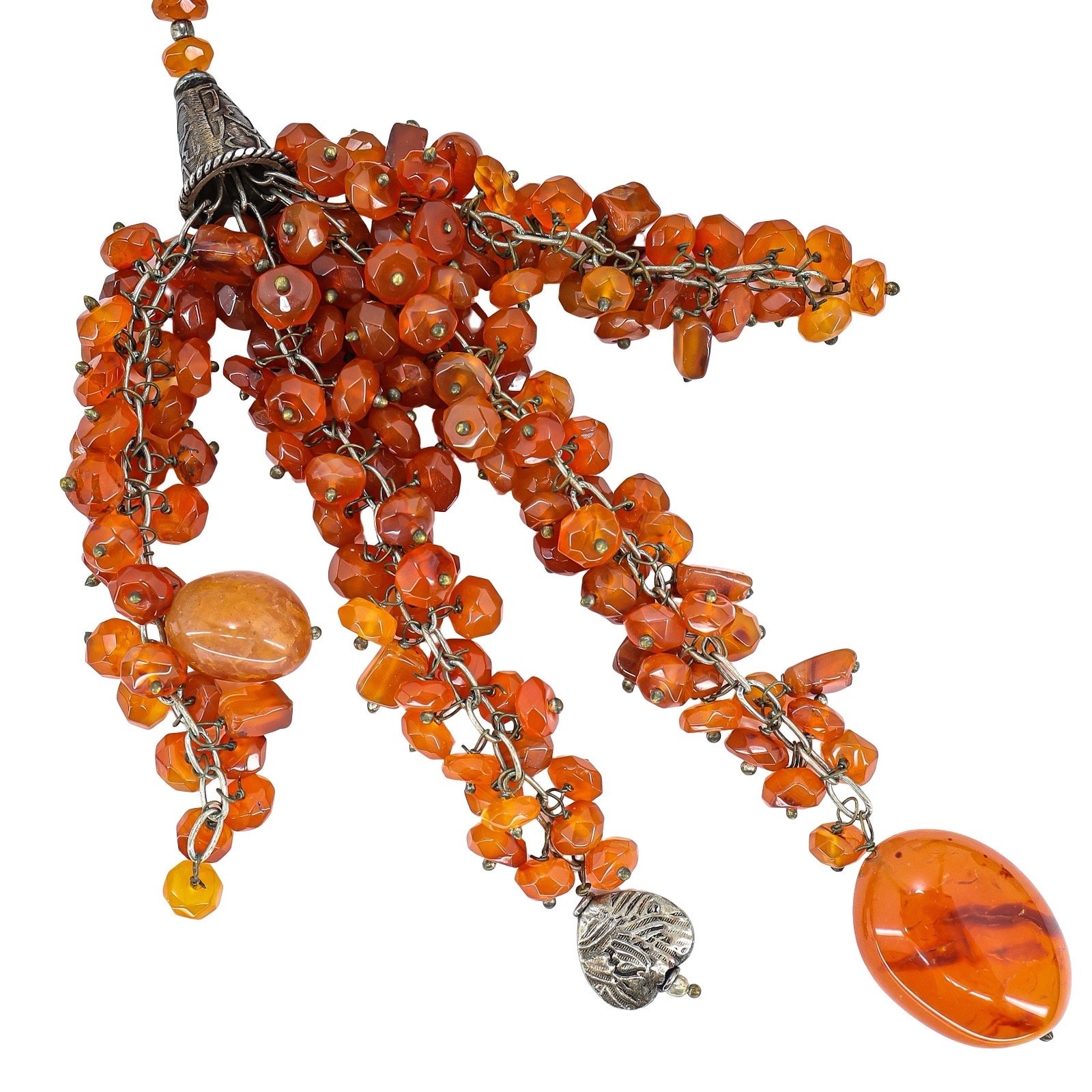 Statement Artisan Carnelian Agate Sterling Open End Lariat Tassel Necklace 62in
