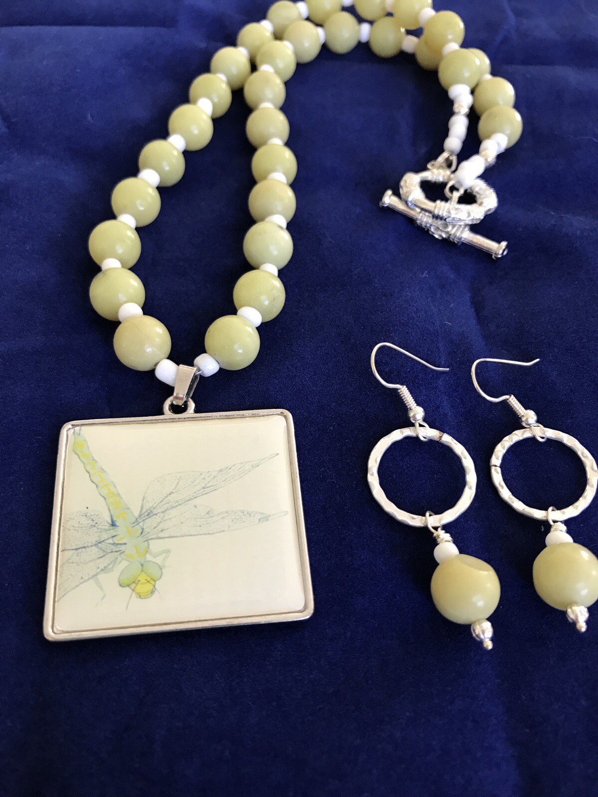 Handcrafted Artisan Jewelry New Olive Jade Gemstone Dragonfly Necklace & Earring