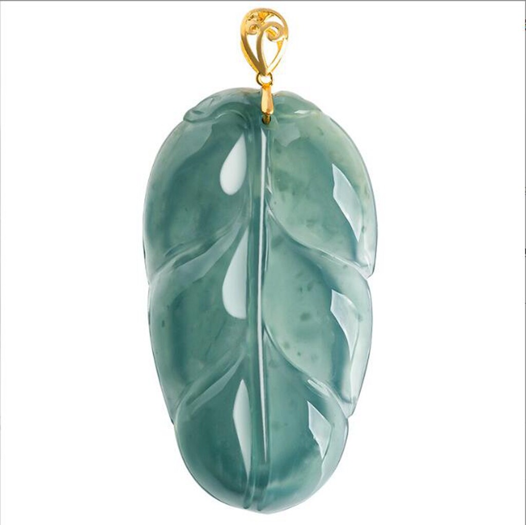 Certified Ice Green Natural A Jade jadeite 18K Solid Gold Leaf Pendant Necklace