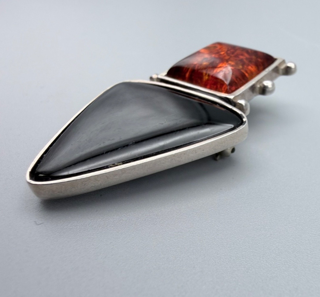 Modernist Sterling Silver Amber Onyx Pendant Brooch Geometric Artisan Studio