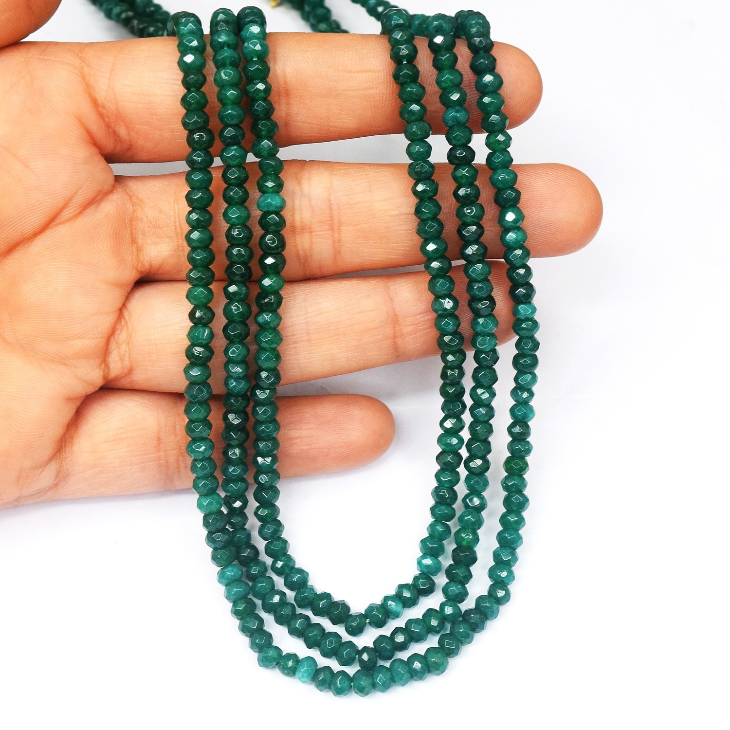 Artisian 3 Strand Green Onyx Faceted 215.00 Cts Necklace Jewelery RK 40 AZ111