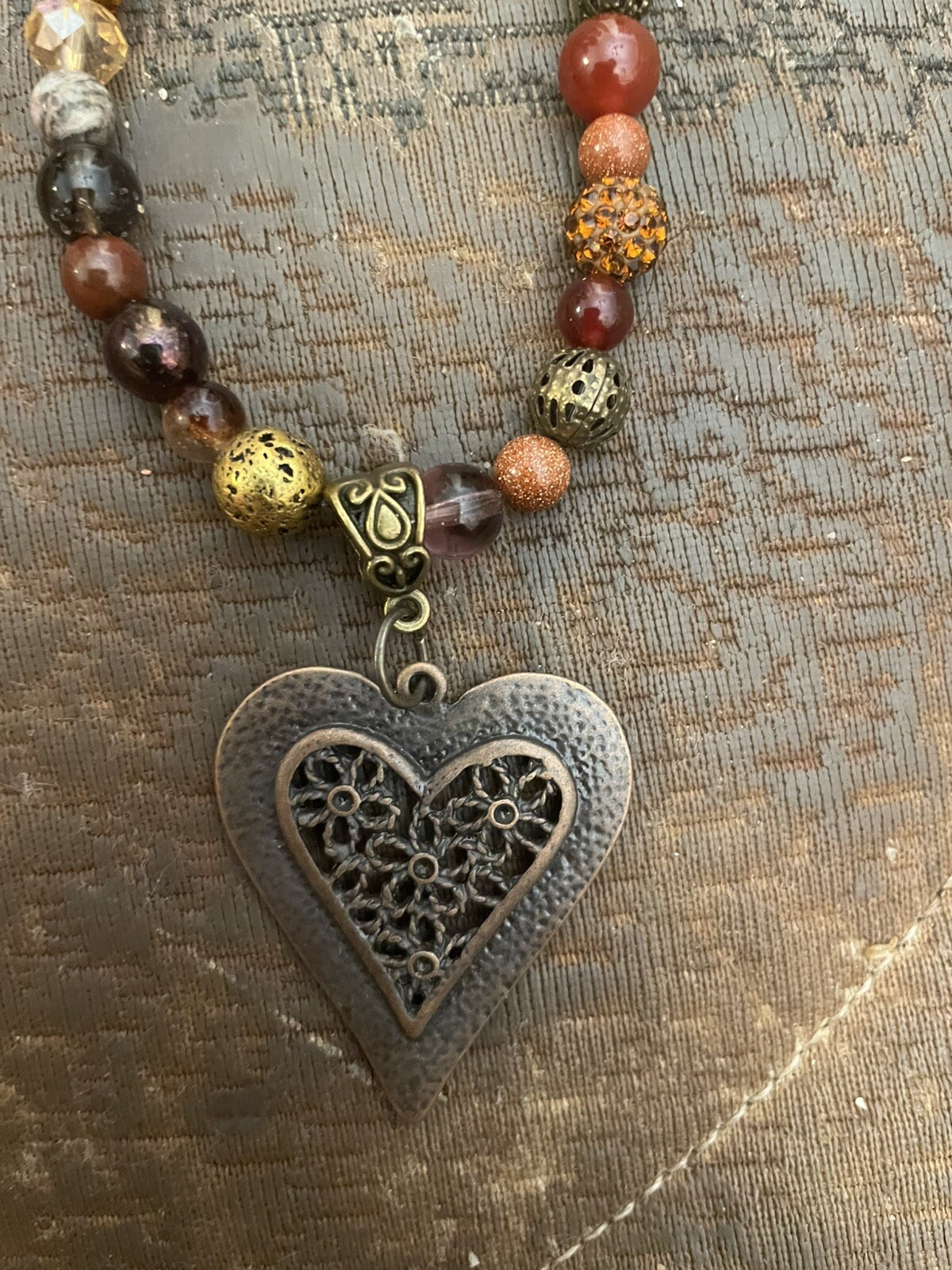 Retro Bronze Filigree Heart Pendant Obsidian Jasper Hematite Bead Necklace