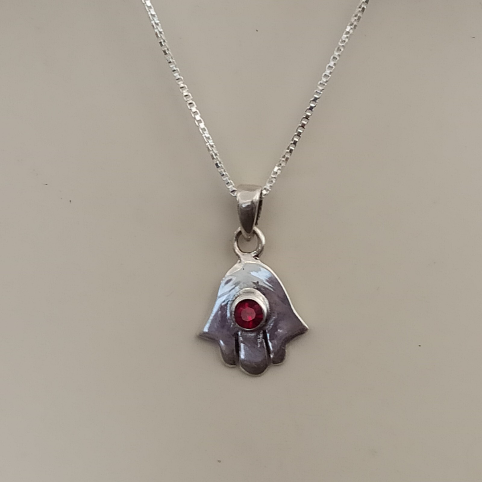 Hand of Fatima Silver Necklace Hamsa Modernist Minimalist Garnet Red Small 925