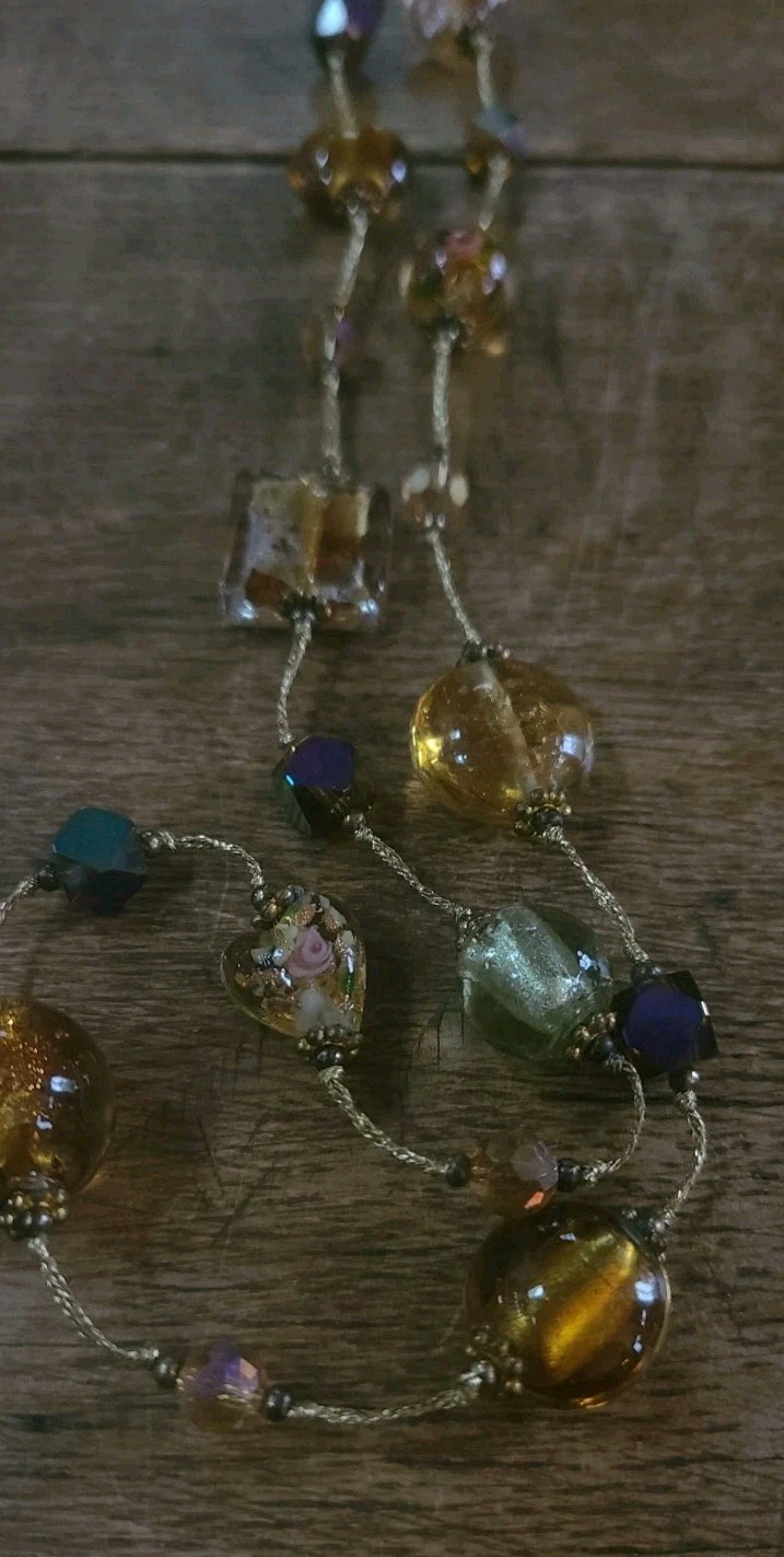 Vintage Murano Glass Necklace Beaded Station Floral Pink Gold