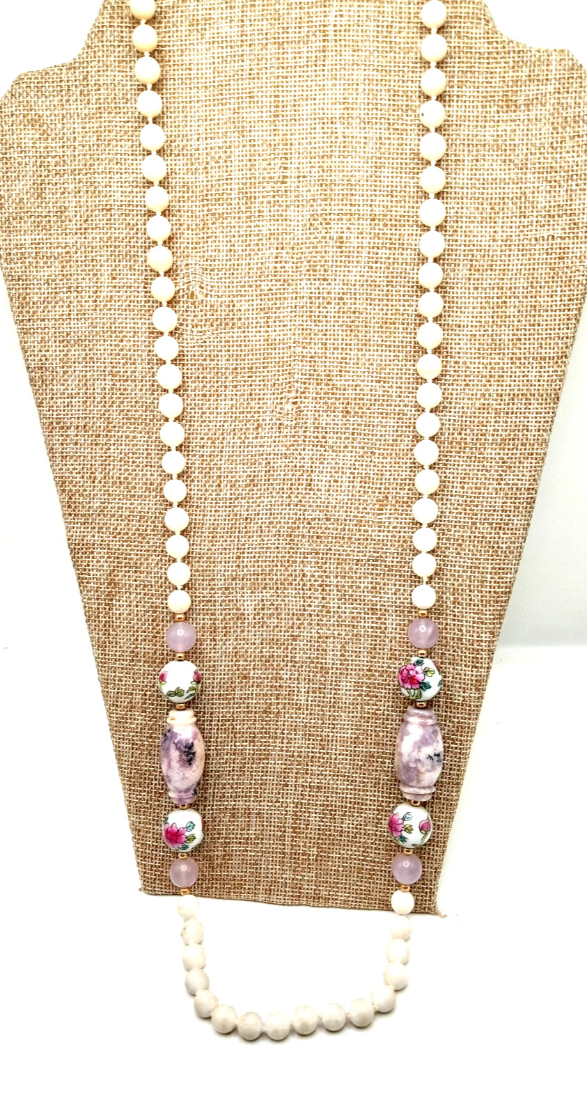Vintage Porcelain Hand Painted Beads 32 In Necklace w Amethyst and Stone Beads