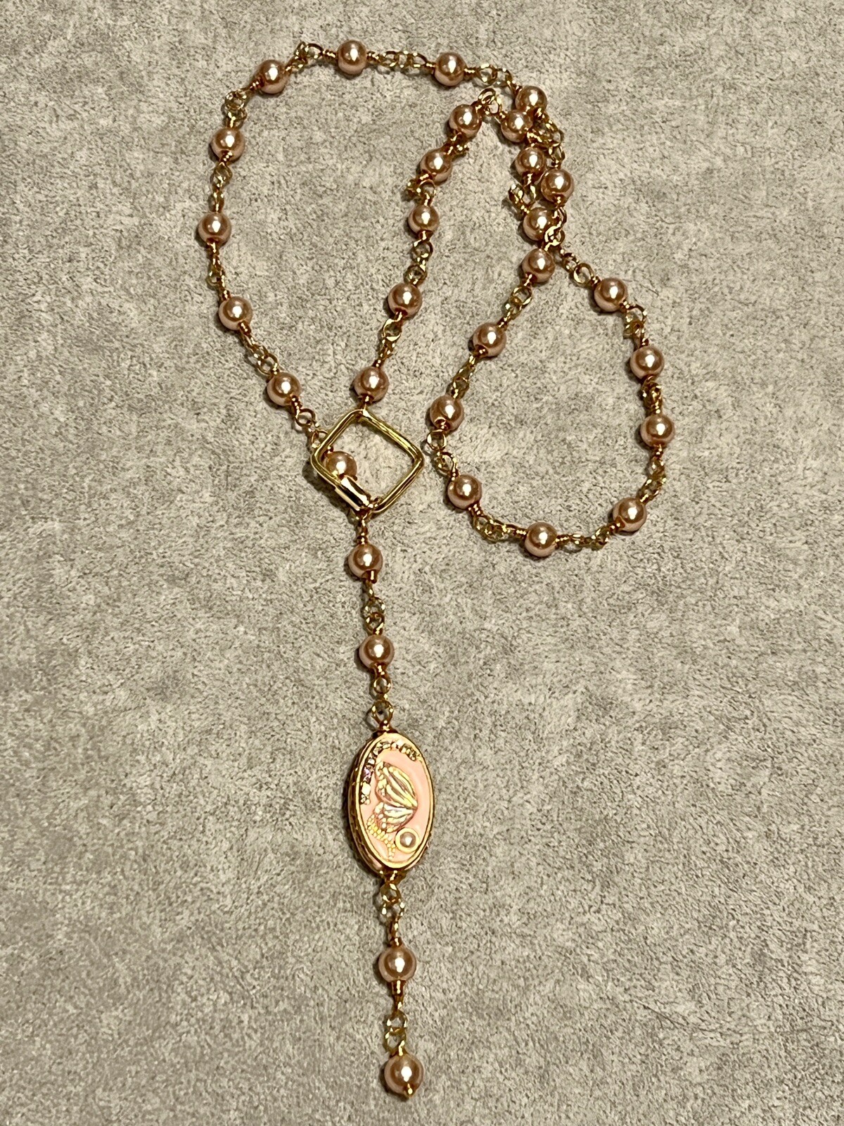 Wire Wrapped Pearl & Pink Butterfly Pearl Polymer Centerpiece Bead Necklace