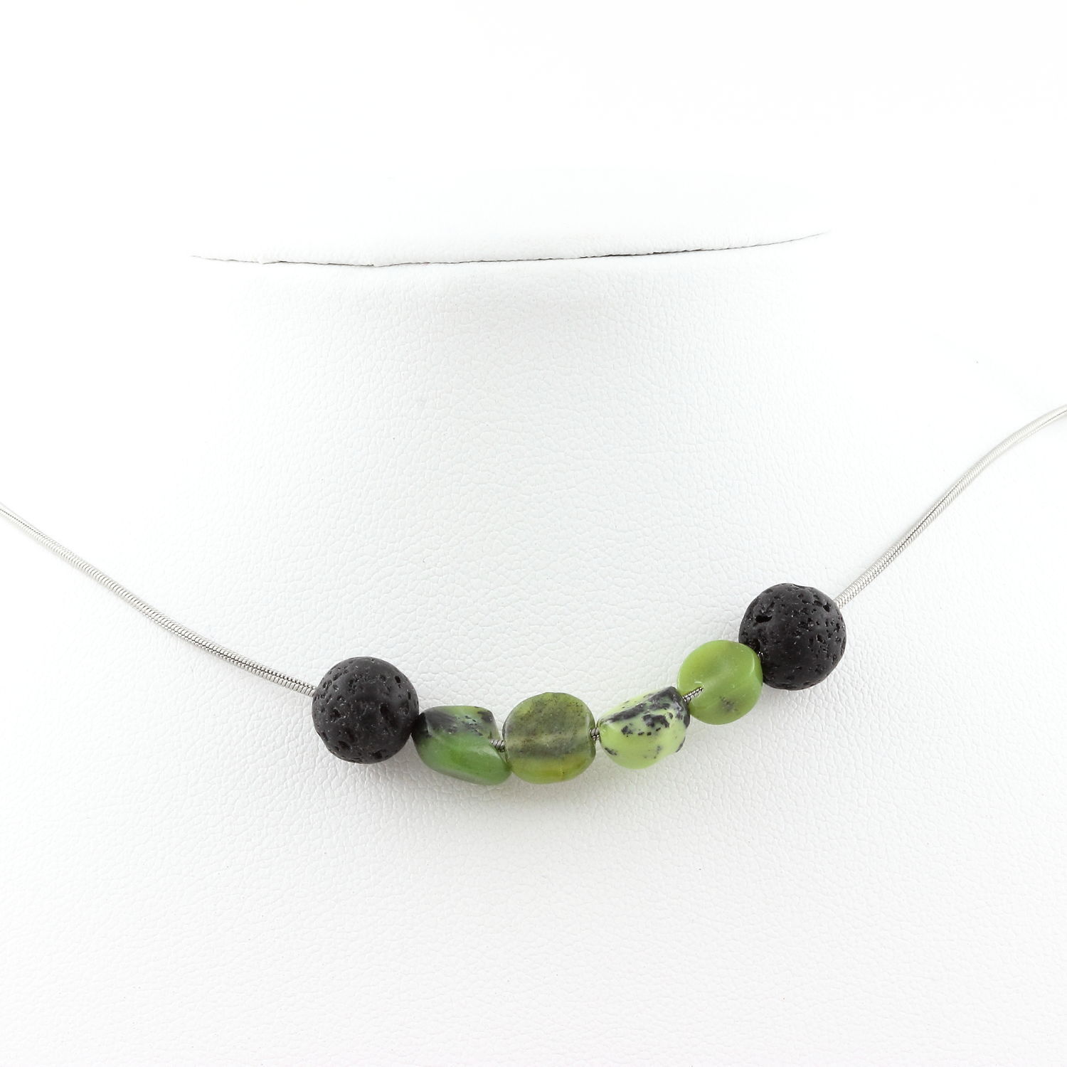 Jade Nephrite Bead Necklace From Xiuyan China + Lava 8 Mm. Necklace Chain