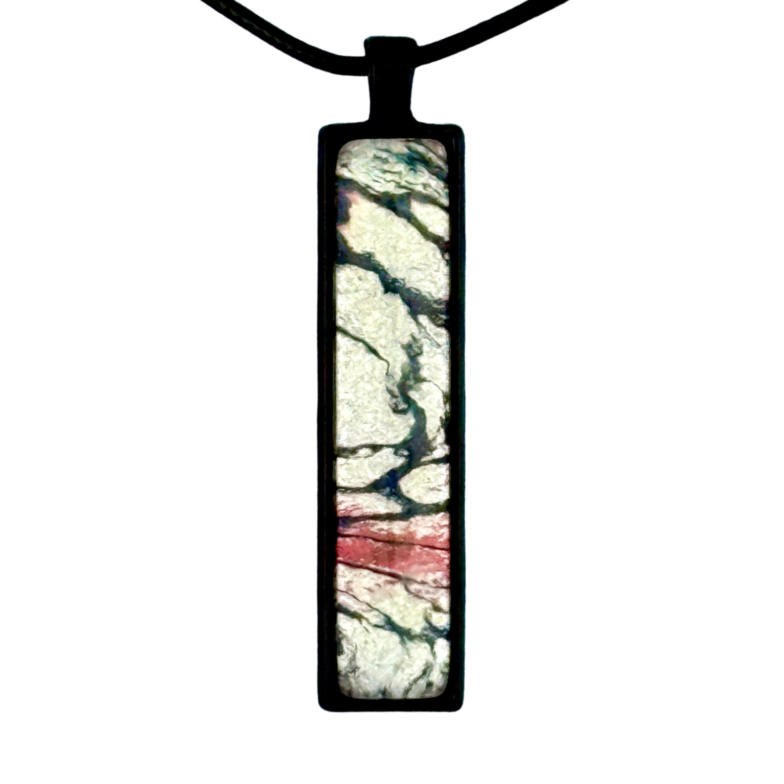 Handmade Pendant Necklace “Frosty Lake” Black Bezel Black Cord