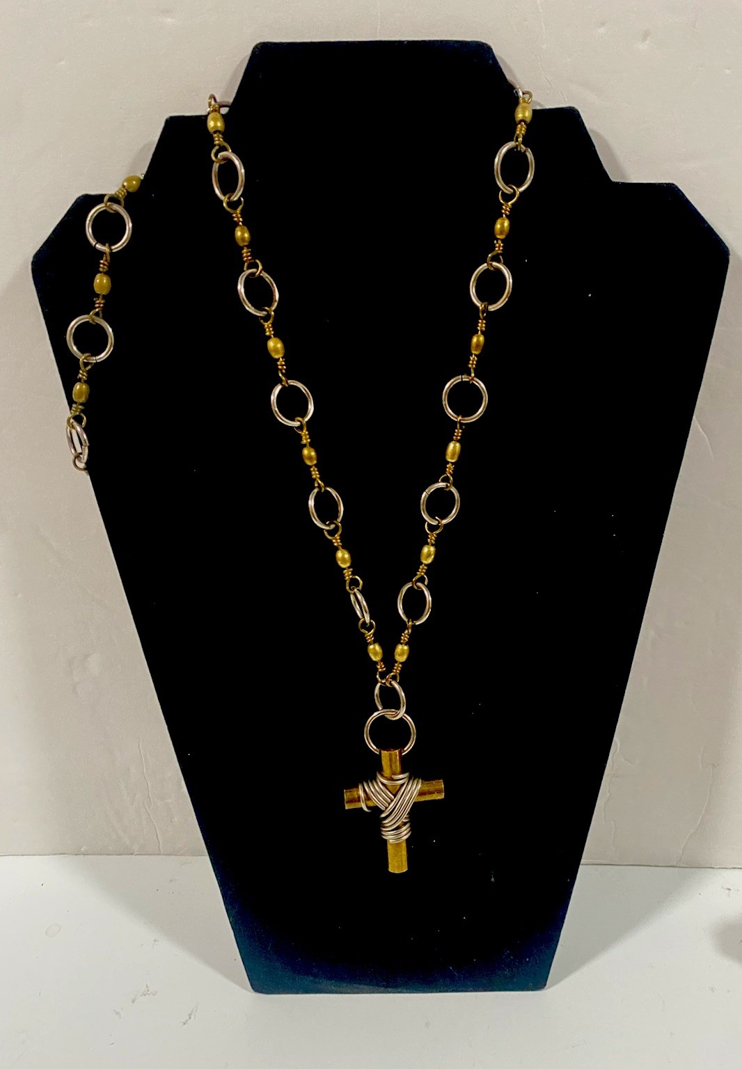 Handcrafted Mixed Metal Brutalist Style Necklace Wire Wrapped Cross Pendant 34”