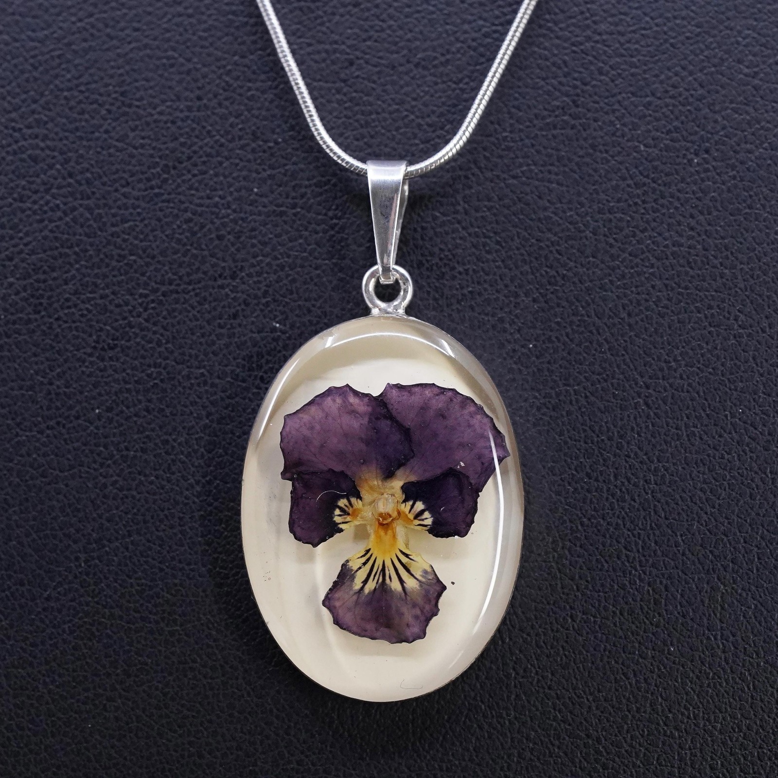 18”, sterling silver 925 snake chain necklace oval resin pendant purple flower