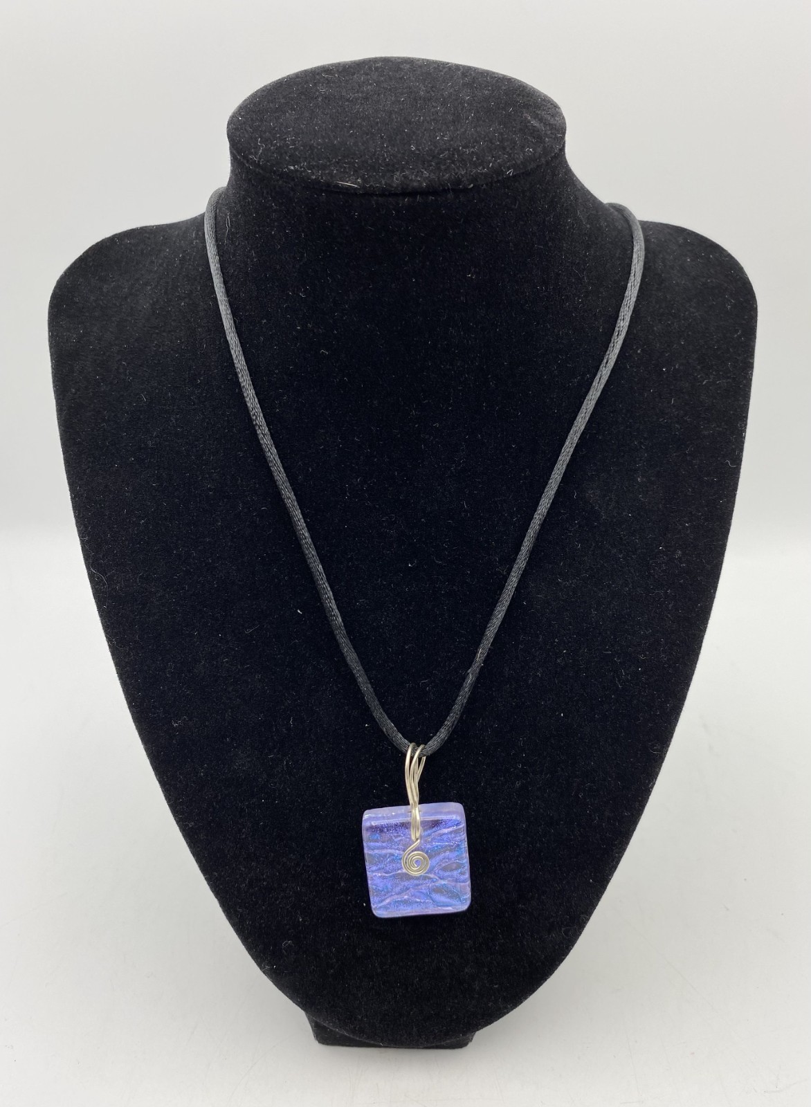 Artisan Square Glass Pendant Necklace Blue Purple Metal Swirl Black Cord