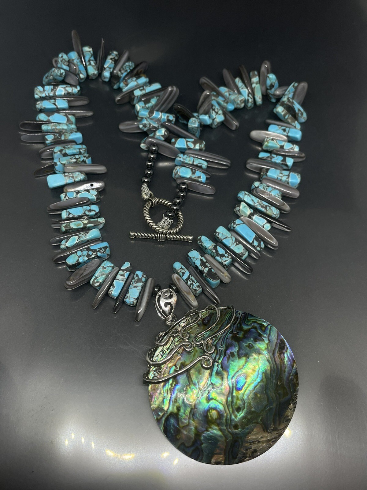 Handmade SilverTone Abalone Shell Disc Pendant MOP/ Faux Turquoise Necklace READ