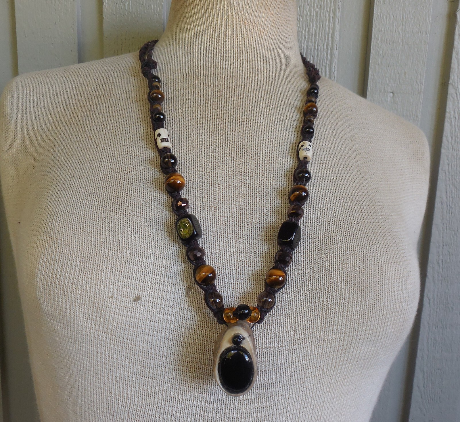 Secret Stash Onyx Antler Hemp Adjustable Necklace Tigers Eye Smoky Quartz Beads