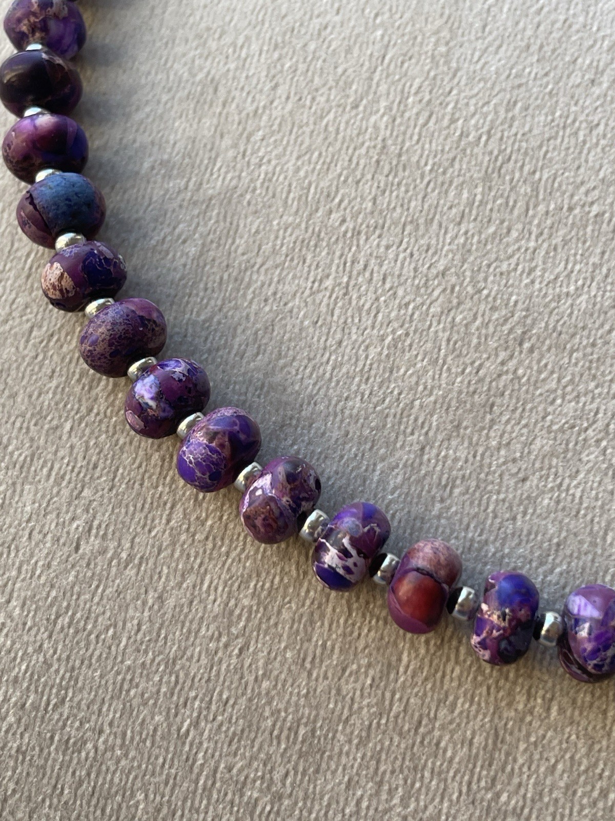 PURPLE DYED IMPERIAL JASPER Rondelle Beads Unisex Necklace 16.5” Stainless