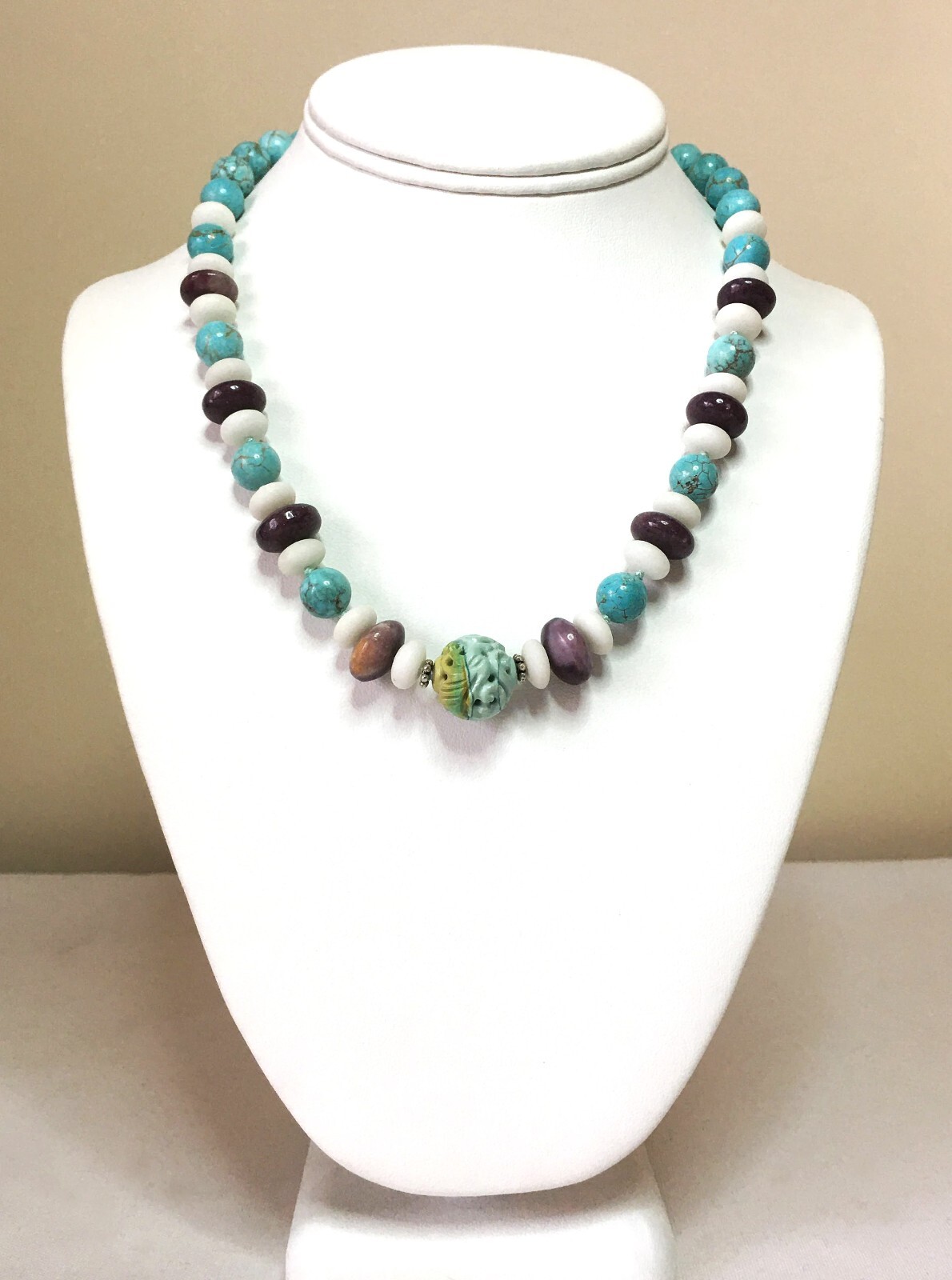 Natural Carved Turquoise, Lepidolite, White Jade, Sterl.Silver Handmade necklace